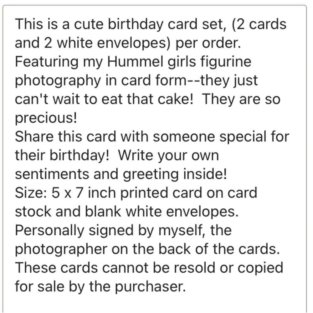 2 Blank 5X7” Birthday Cards & 2 envelopes set, photo Hummel girls & cake